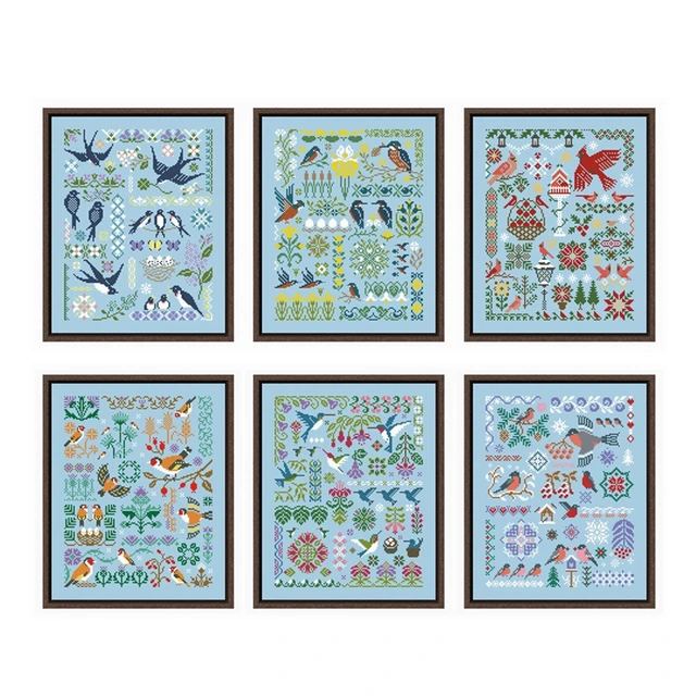 Kit de points de croix à géométrie d'oiseau, motif de dessin animé, 18ct 14ct 11ct, toile bleu ciel, broderie, bricolage 1