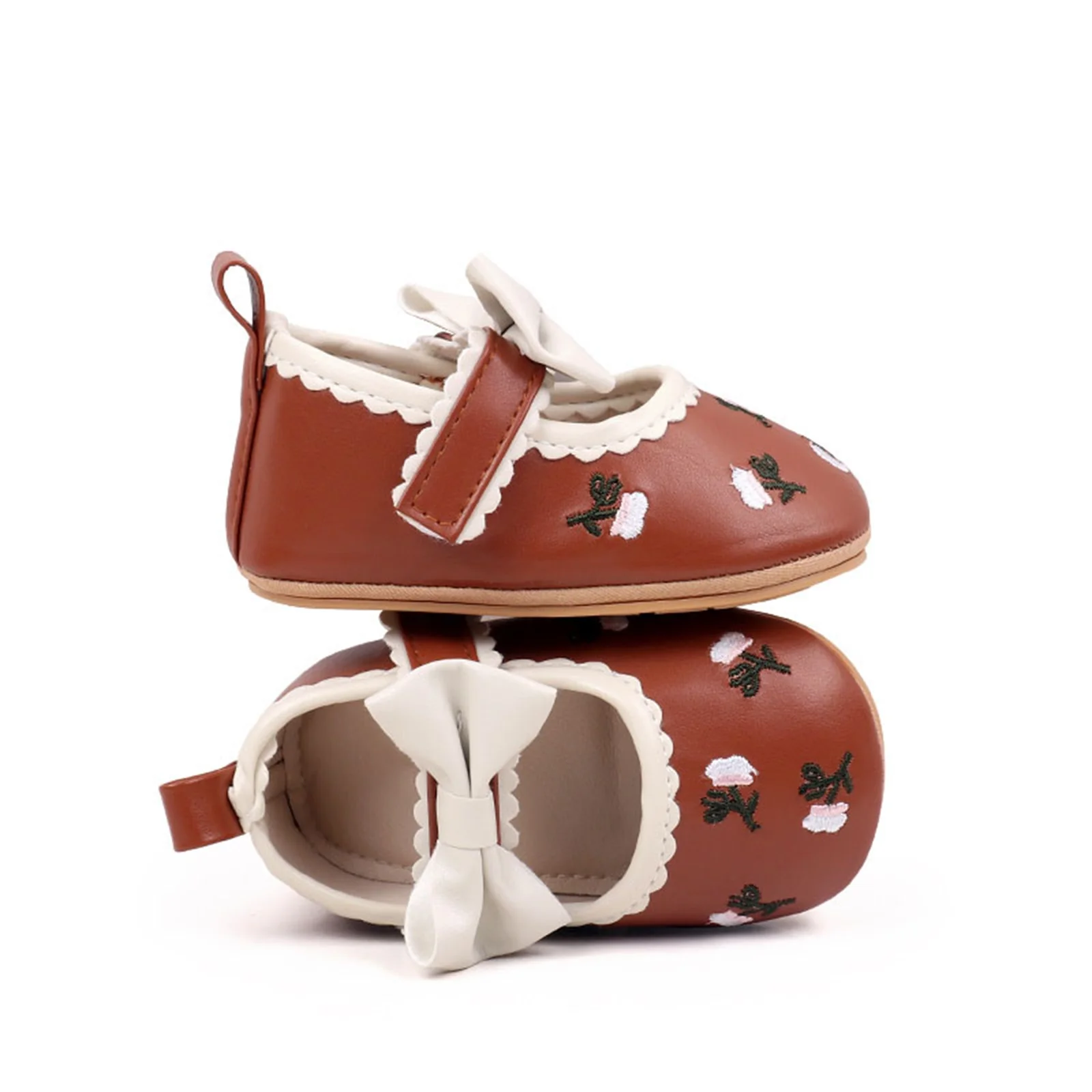 Cute Floral Embroidery Dress Shoes for Baby Girls Elegant Bowknot Non-Slip Newborn Crib Shoes Mary Jane Flats for Infants