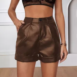 2024 Summer Women's High Waist Curled Double Insert Pocket PU Shorts Casual Pants for Women