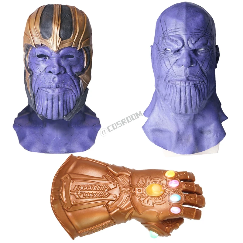 Marvel Avengers Thanos Cosplay Mask Infinity Gauntlet With Lights Thanos Guanti Latex Full Mask Halloween Carnival Party Props