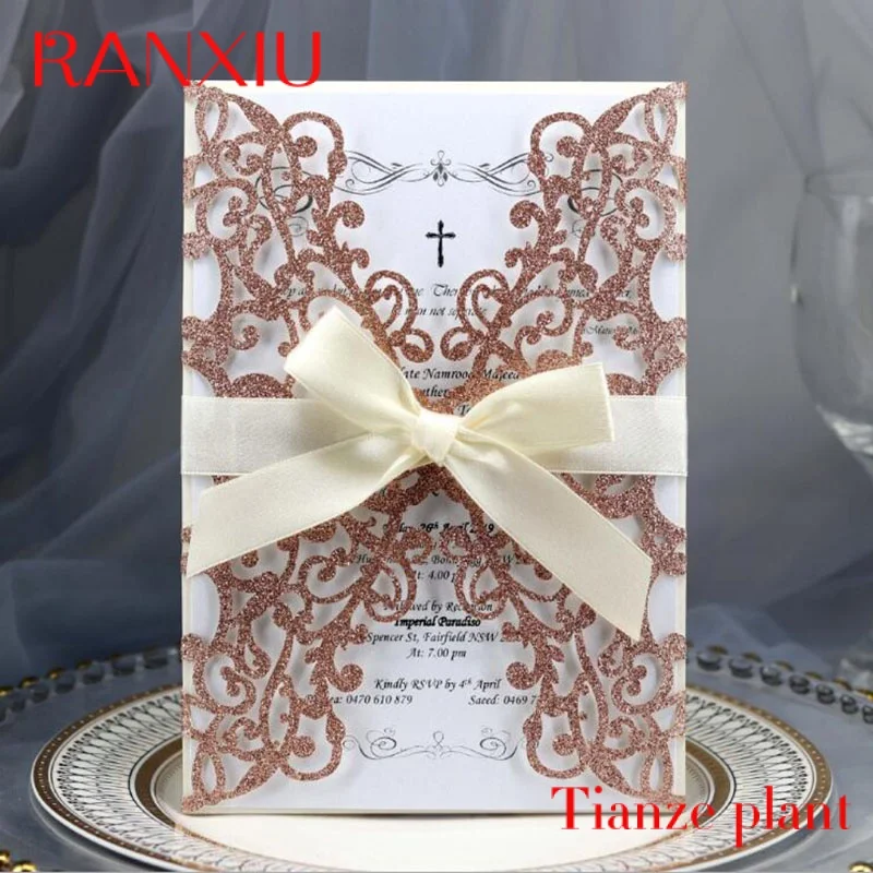 Custom Custom Make Colors Glitter Wedding Card Laser Cutting Wedding Invitation Cover With Ribbon