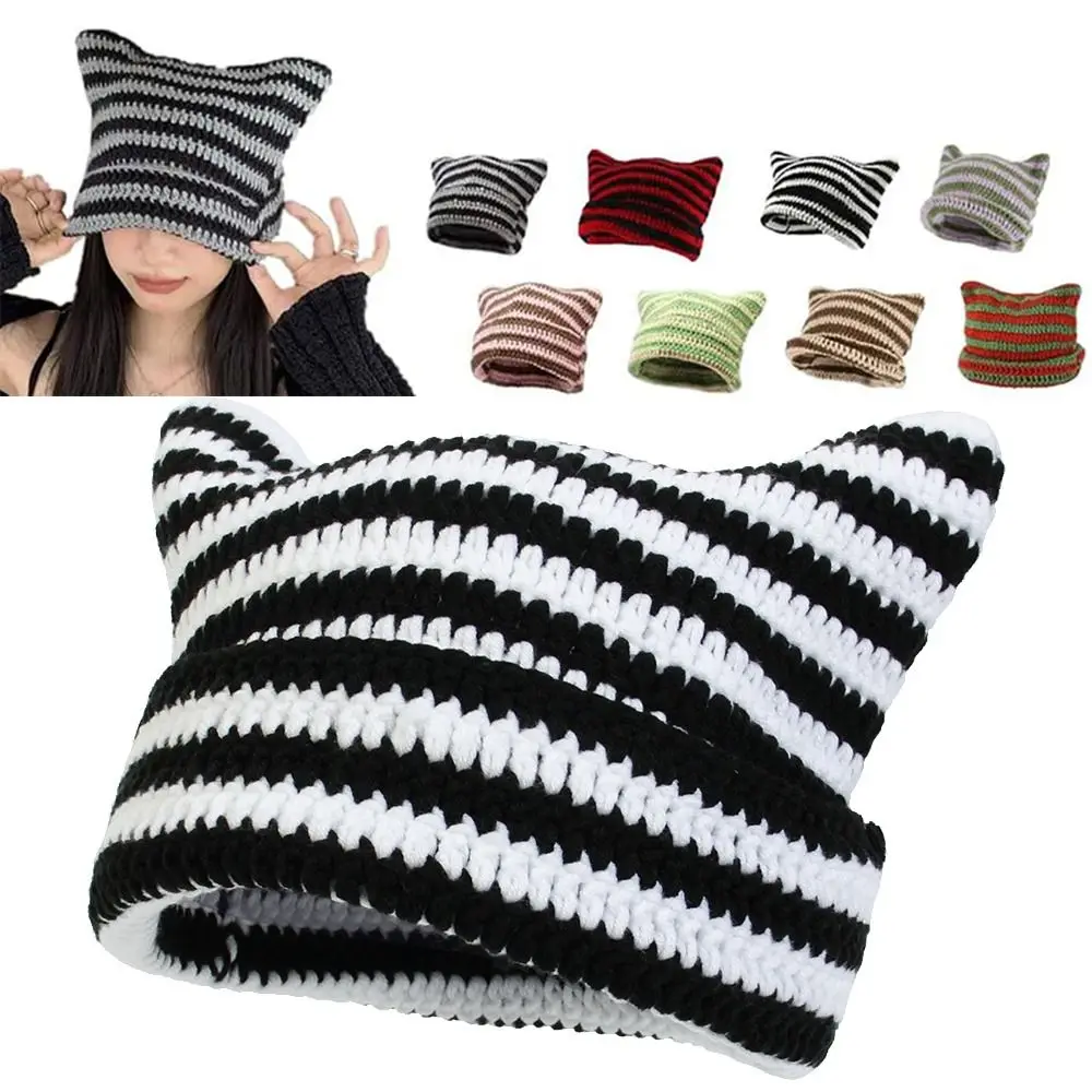 

Cute Cat Ears Japanese Beanie Hat Autumn Winter Unisex Knitted Wool Cap Pointed Pullover Ins Little Devil Striped Hat Women