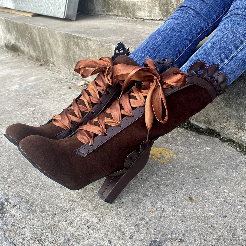 High Heel Boots Women Steampunk Women Sexy Leather Suede Boots Autumn Vintage Winter Shoes Women Lace Up Cosplay Boots