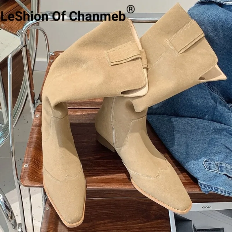 

LeShion Of Chanmeb Women Cow Suede Western Boots Square Toe Medium Heeled Knee-High Riding Boots Side Zipper Shoes Autumn Winter