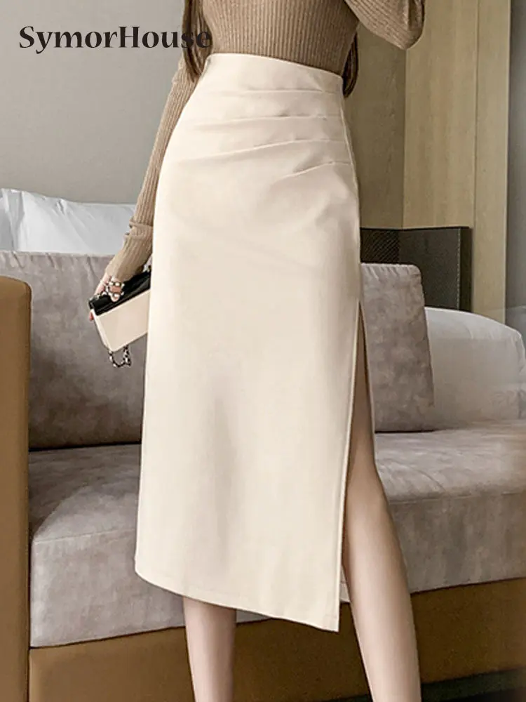 

Vintage Simplicity Autumn Winter 2023 Woolen Skirt Womens Elegant Office Lady High Waist Sexy Split Folds Package Hip Skirts