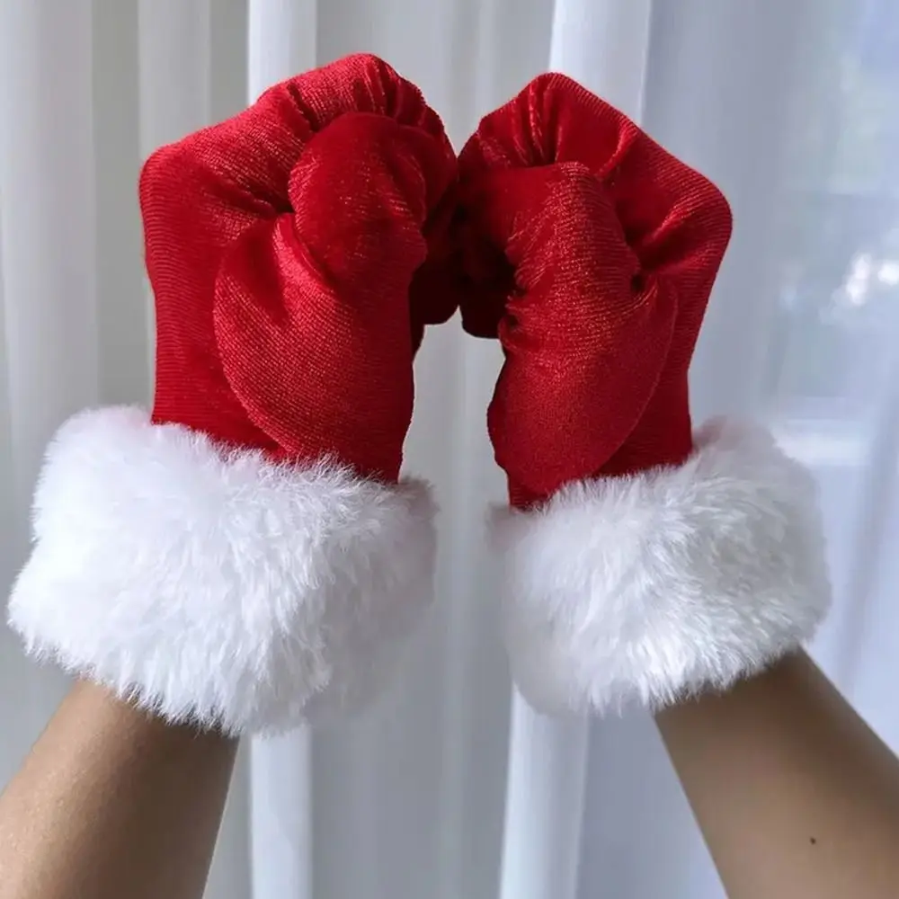 Fashion with Faux Fur Trim Christmas Red Gloves Short Holiday Mitten Soft Velvet Gloves for Evening Events