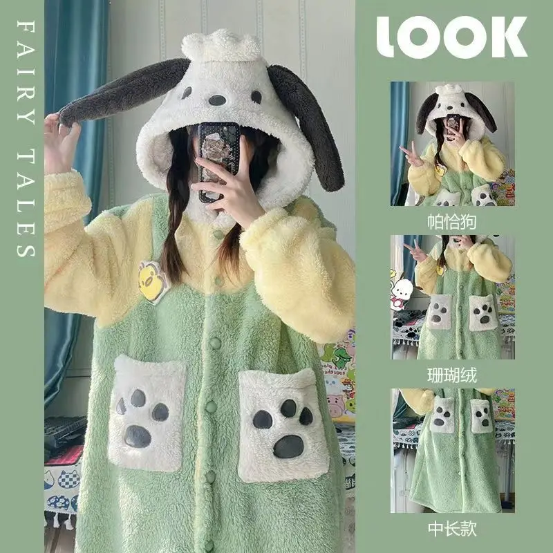 

Sanrio Mid-length Pachacco Pajamas for Women Autumn and Winter Coral Velvet Thickened Cartoon Cute Kuromi Pajamas Set