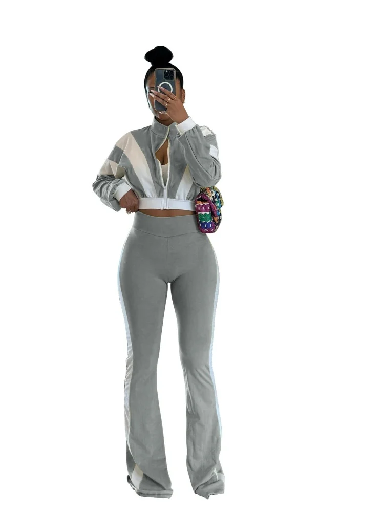 Wmstar Two Piece Set Women Wholesale New Style Color Block Design Form Fitting Flared Pants Long Sleeved Casual Summer 2025