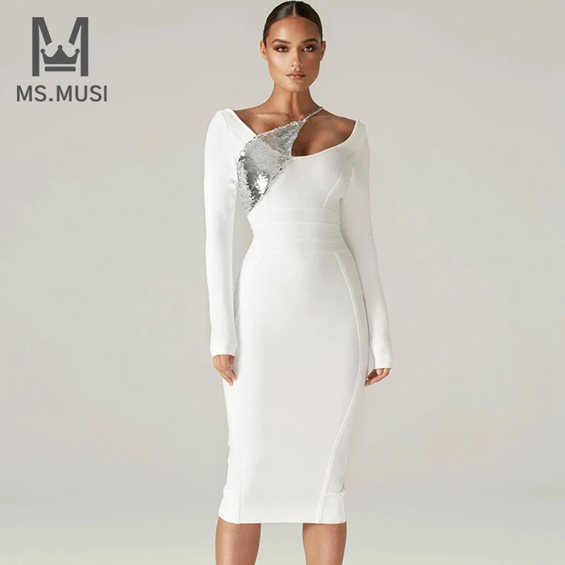

MSMUSI 2022 New Fashion Women Sexy White Halter Sequin Slim Long Sleeve Bodycon Backless Party Club Bandage Midi Dress Vestidos