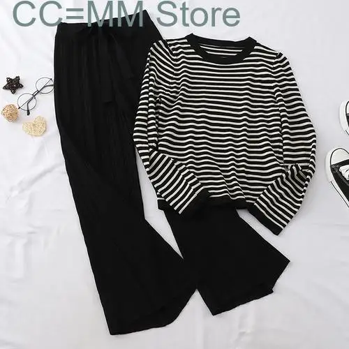 Striped Knitting 2 Piece Sets Womens Outfits Long Sleeve Autumn Winter Sets Lace Up Chic Full Length Pant Sets knitting cardigan sweater autumn winter top men s single breasted v collar sweatercoat new korean fashion chic diamond