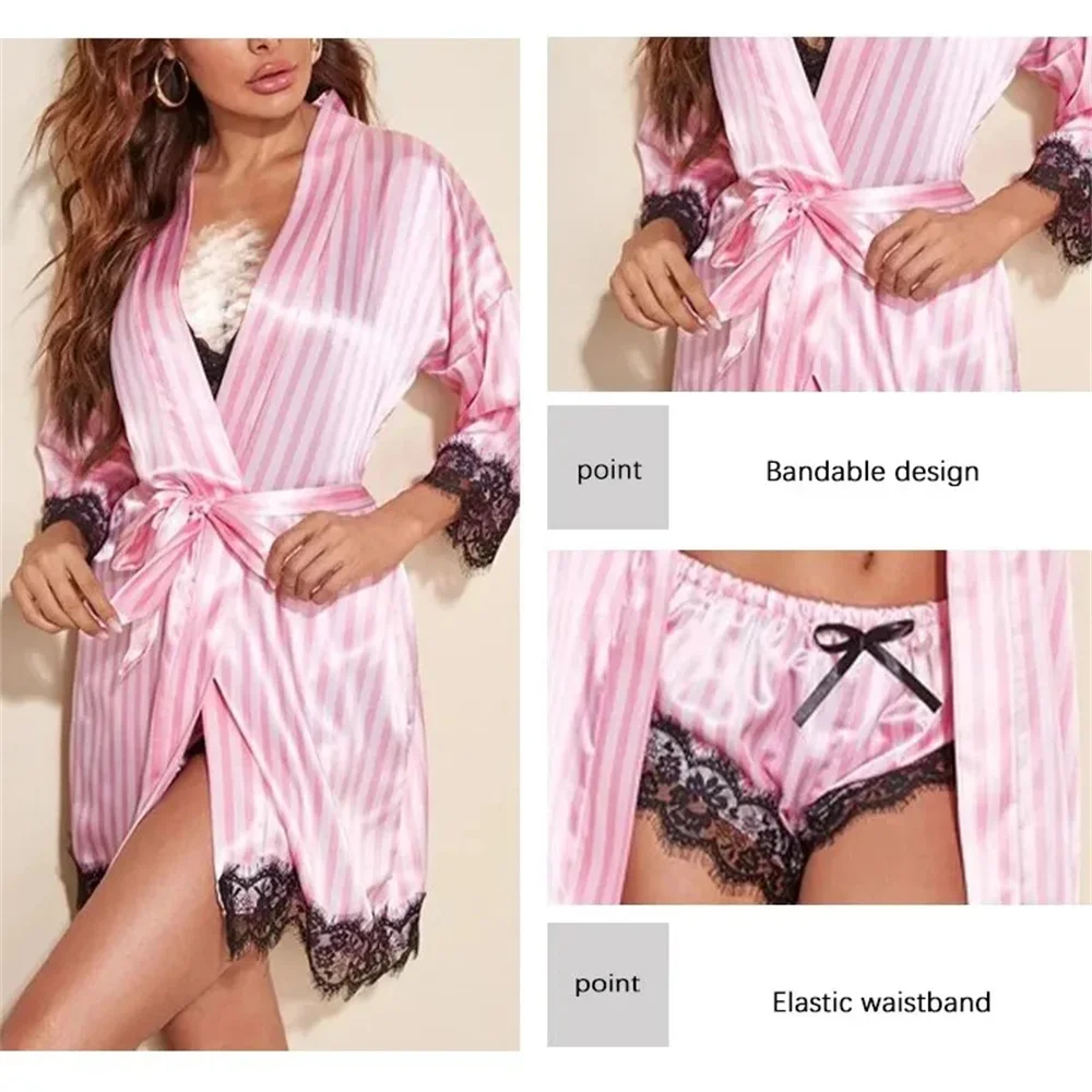 Women Pajamas Set Summer Fashion Comfortable Nightwear Lace Satin Silk Sleepwear Robe Sexy Pajama Pants Home Clothes