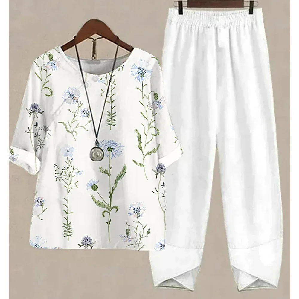 Summer Two Piece Sets White Floral Print Womens Outfits Elegant Ladies O Neck Loose Short Sleeve Shirt High Waist Pants Suit