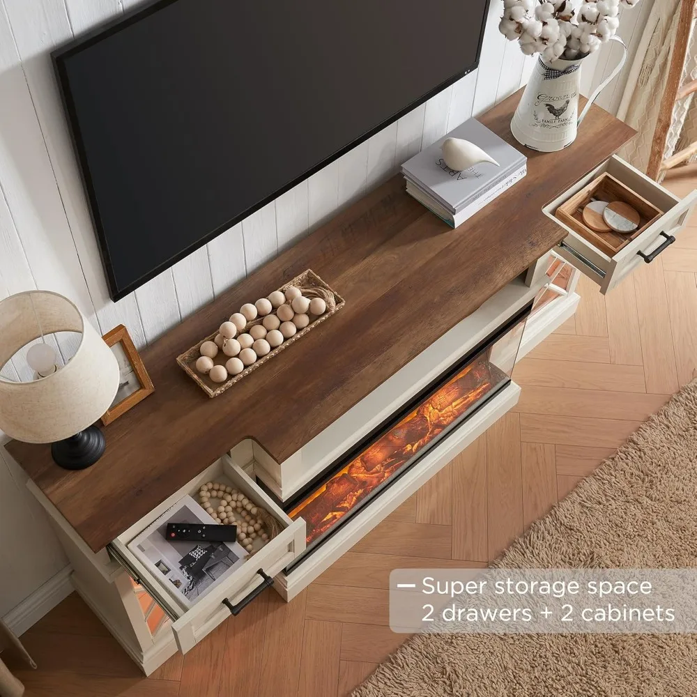 Farmhouse TV Stand with Fireplace, 70'' Entertainment Center Stand with 36" 3-Sided Glass Electric Fireplace for TVs Up to 80 in 5