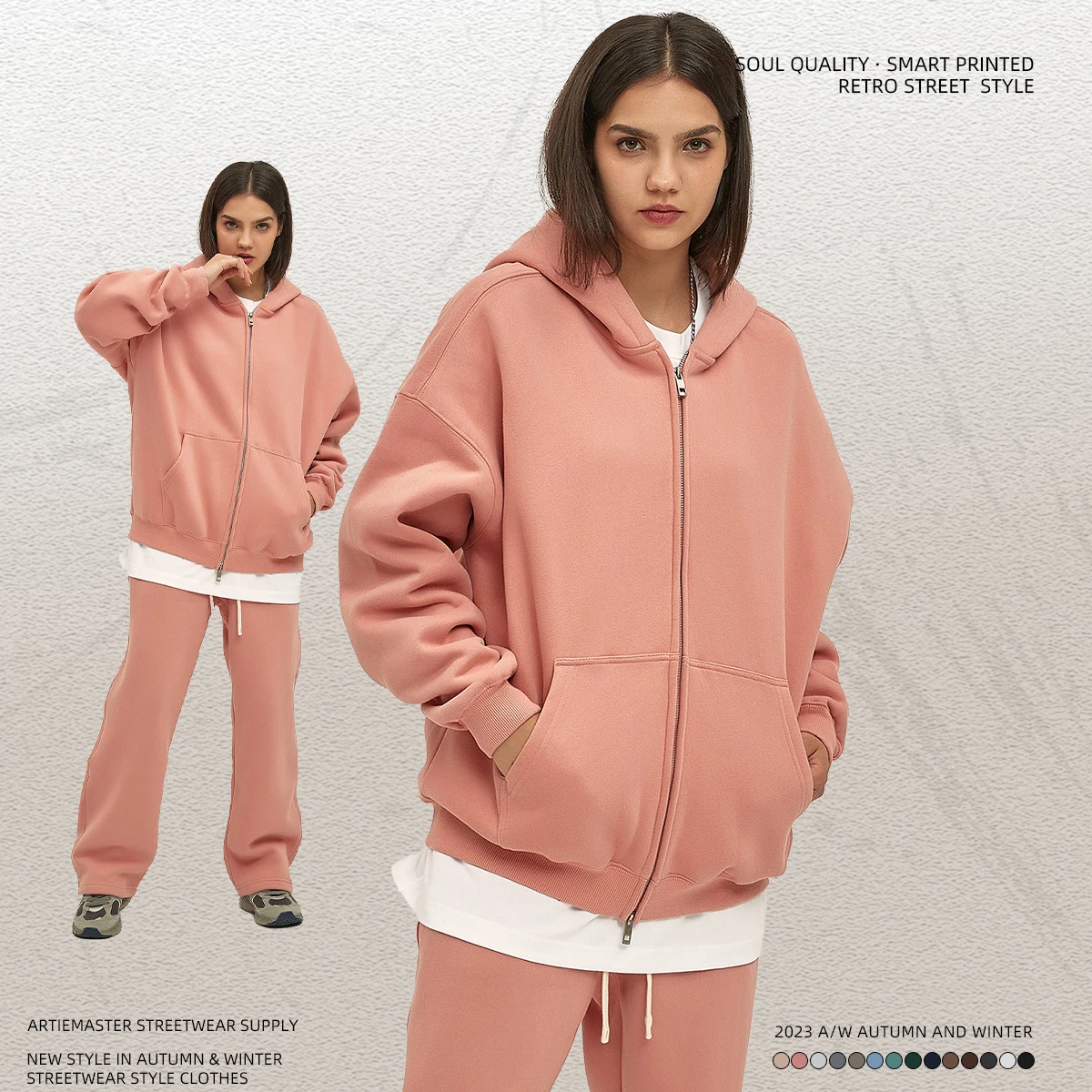 Autumn And Winter New Arrival Plus Velvet 350g Double-Head Zipper Cardigan Jacket Men And Women Loose Hooded Sweatshirt
