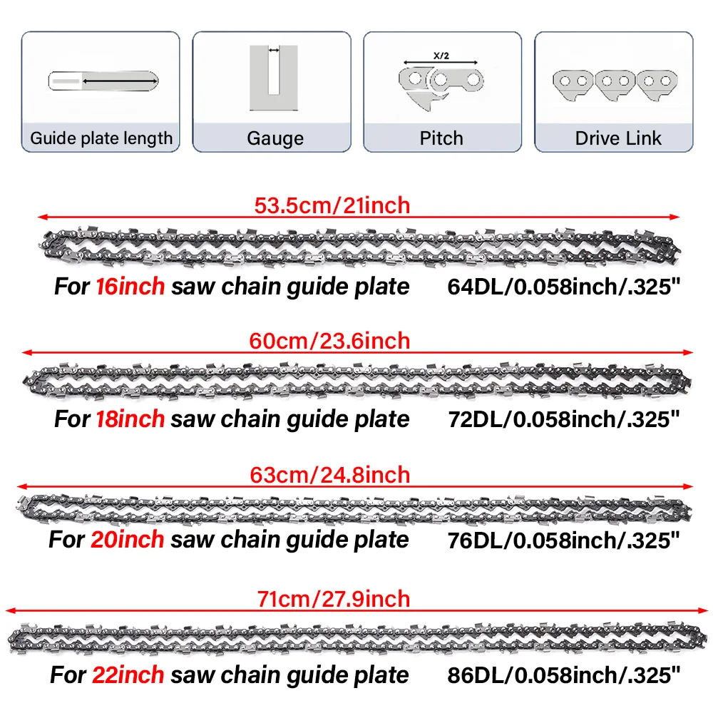 Chainsaw Chain 1PC 16/18/20/22-inch 325 Pitch .058 Gauge 64/72/76/86 Drive Link For Chainsaws