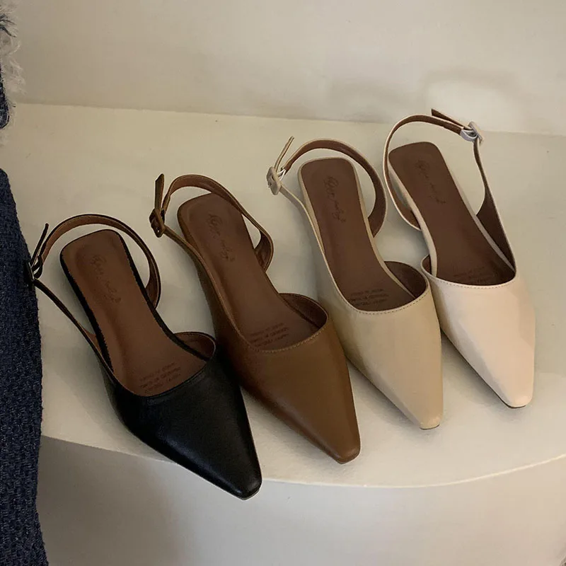 Brown Black Spring New Shallow Slip On Women Slingback Shoes Soft Casual Ladies Sandal Shoes Flat Heel Outdoor Dress Mules