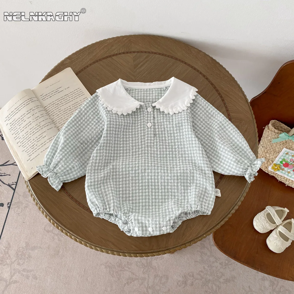 Infant Spring Autumn Long-Sleeve Diaper Cover Onesie Doll Collar Baby Girl bodysuits Newborns Checkered Pure Cotton Clothing baby bodysuit baby clothing
