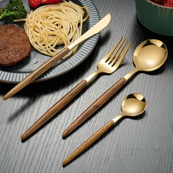 4 pezzi in acciaio inossidabile imitazione manico in legno set di posate per stoviglie morsetto per stoviglie occidentali coltello forchetta cucchiaio da tè 1