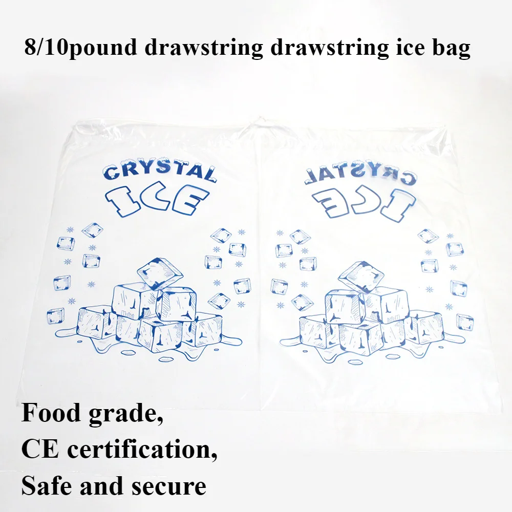 Top Disposable Corded Ice Bag 50pcs/pack 8/10 Pound Transparent Food Grade PE Drawstring Strap Mouth Ice Bag