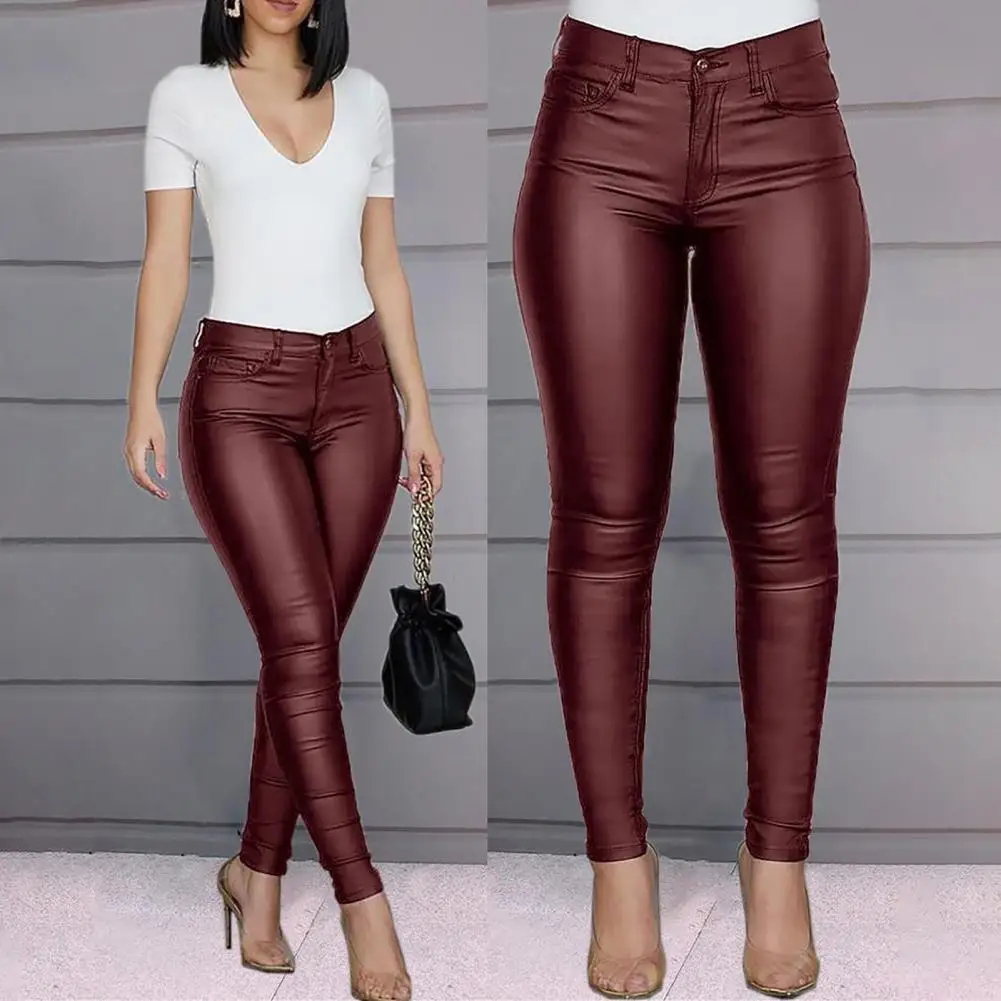 

Sexy Women Elastic Solid Color Leggings PU leather High Waist Stretch Close-fitting Trousers with Pockets Night Clubs Legging