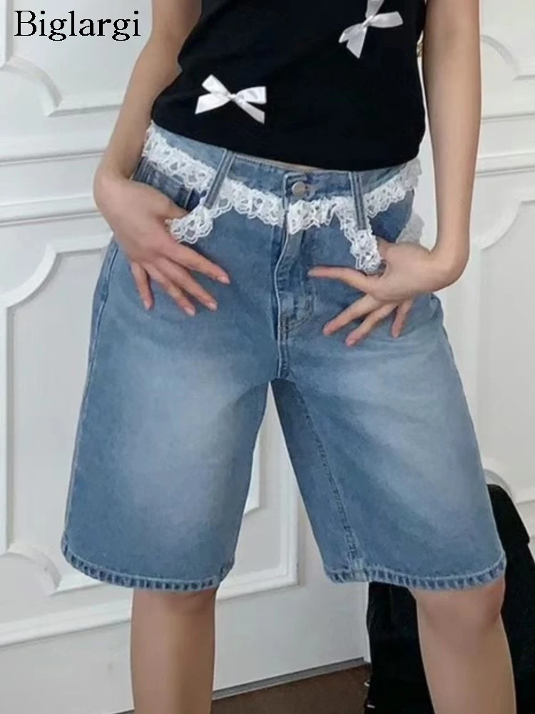 

Jeans Spring Summer Lace Patchwork High Waist Mini Shorts Women Straight Casual Fashion Ladies Trousers Loose Woman Denim Shorts