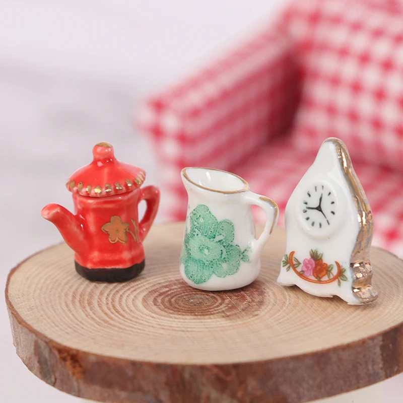 3pcs/set Dollhouse Miniature Floral Pattern Teapot +Clock Set Kitchen Furniture Dollhouse Accessories