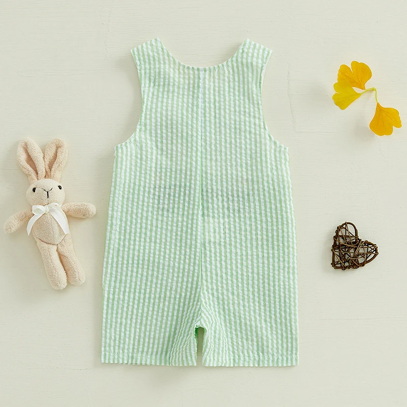 Infant Baby Girls Boys Easter Rompers Striped Bunny Truck Carrot Embroidery Crew Neck Sleeveless SpringJumpsuit Bunny Overalls 4