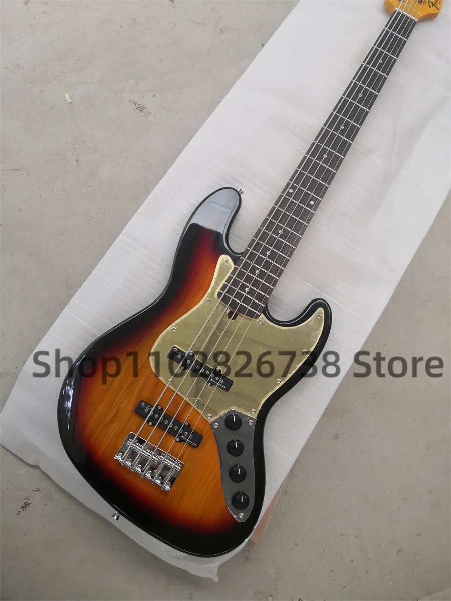 5 String Electric Bass Sunset Jaz Ash Body Yellow Maple Neck Rose Wood Fingerboard 22 Tasti Gold Mirror Plate Fixed Bridge Chrom