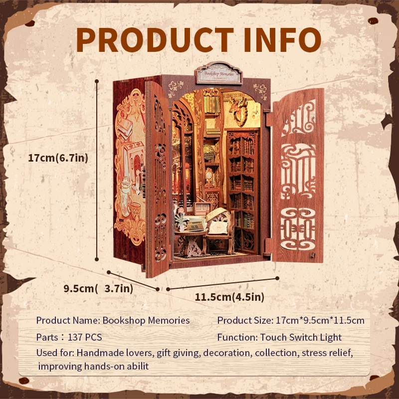 CUTEBEE DIY Book Nook Kit miniaturowy drewniany domek dla lalek z lekką półką na książki wkładka Model dekoracyjny na prezenty Bookstore wspomnienia