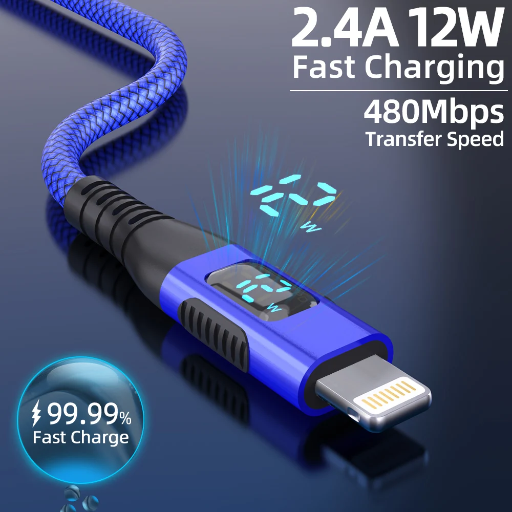 1M 2M 3M LED 디스플레이 USB A to Lightning 케이블 나일론 브레이드 고품질 MFi 인증 고속 충전 케이블 (아이폰14 13 12 11 XS XR X 호환)