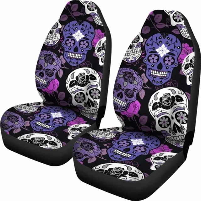 Sugar Skulls & Flowers Design Custom Car Seat Covers - Set of Two