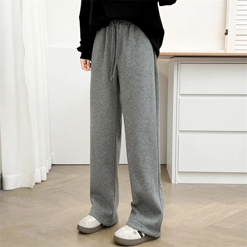 XXXXL Fashion Plus Size Women's Straight Leg Pants New Winter Style Simple Casual Drawstring Elastic Waist Fleece Trousers 905