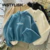 Women Stand Neck Fleece Cropped Hoodies Autumn Letter Embroidery Long Sleeve Drawstring Sweatshirt Elegant Plush Velvet Tops 5