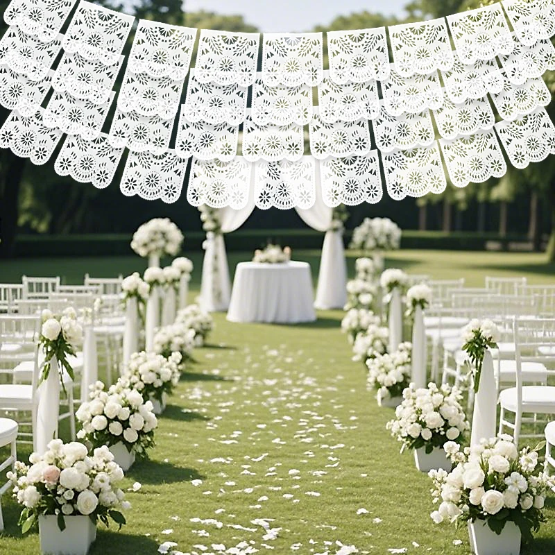 White Papel Picado Banner (5 Pack - 10 Plastic Flags per Banner) - White Mexican Banners for Parties and Weddings - Mexican Themed Party Decorations - Papel Picado Mexicano para Decoraciones