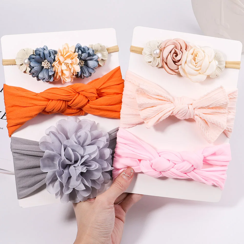 

3Pcs/Set Cable Knit Flower Baby Headbands For Girls Elastic Turban Kids Hair Bands Nylon Newborn Headwrap Baby Hair Accessories