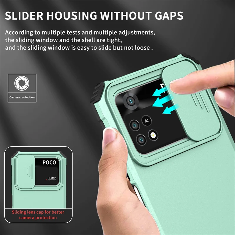For Xiaomi Poco M4 Pro 4G Case Slide Camera Lens Armor Cases For Poco Poko Pocco Little M4Pro M 4 Pro 4Pro M4 Pro Stand Cover 4