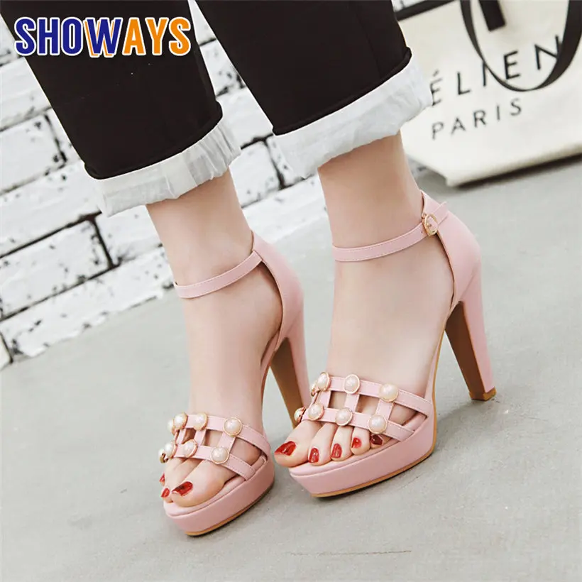 

Elegant Pearl Women Platform Sandals High Chunky Heels Beige Black Pink PU Casual Bridal Office Lady Ankle Strap Gladiator Shoes