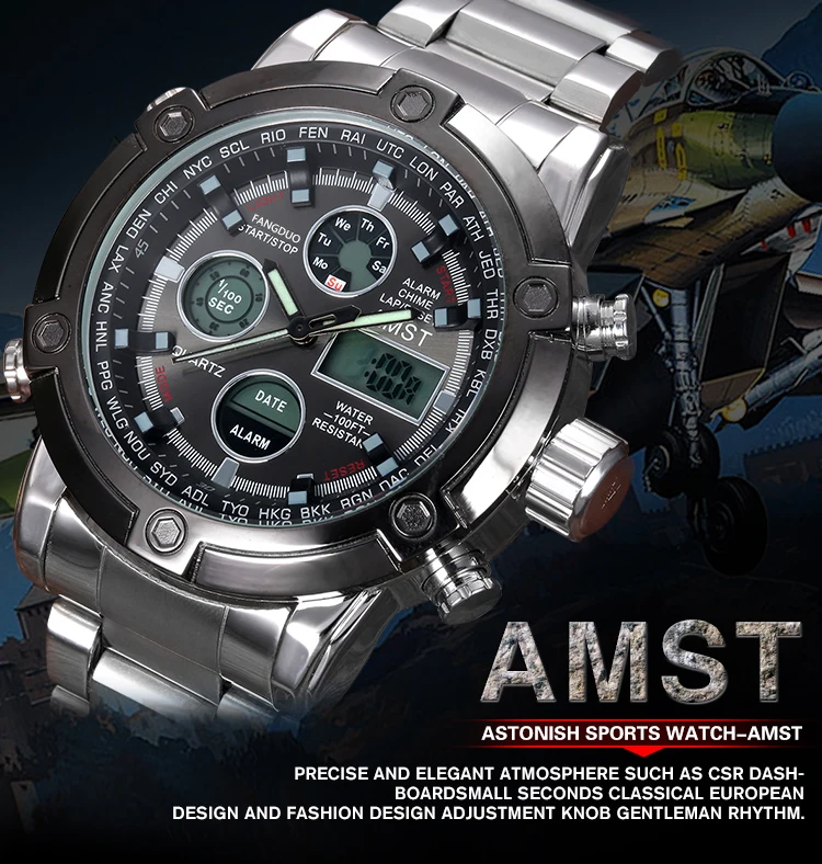 Watch Men Top Brand AMST 3022 Dual Display Wristwatches Luxury Watches Sports Military 50M Waterproof Relogio Masculino