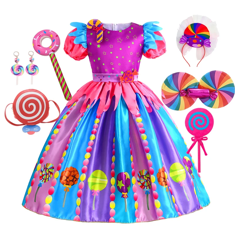 Purim Festival Sweet Lollipop Candy Kids Dress Carnival Party Little Girl Birthday Costume Fancy Children Wedding Clothes girls dress princess costume