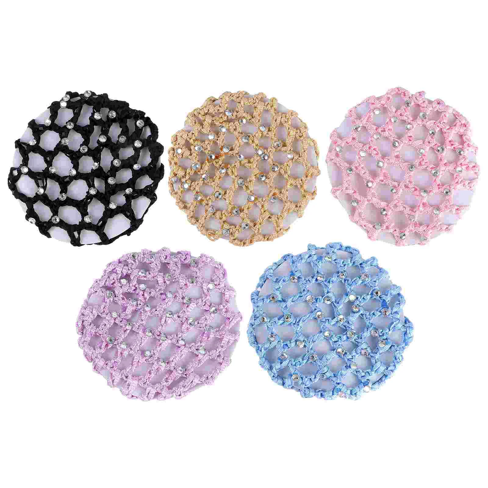 

5pcs Elastic Hair Snood Net Handmade Crochet Hairnet Heardress for Dance Performance (Black + Maize-yellow + Light Purple +