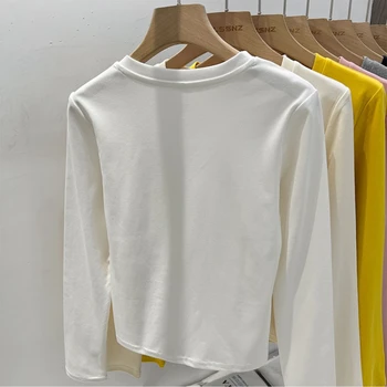 AOSSVIAO 2025 الخريف مكتب سيدة الأساسية الخامس الرقبة سليم صالح تي شيرت المرأة بلون تنوعا الاتجاه قميص طويل الأكمام قاعدة 5