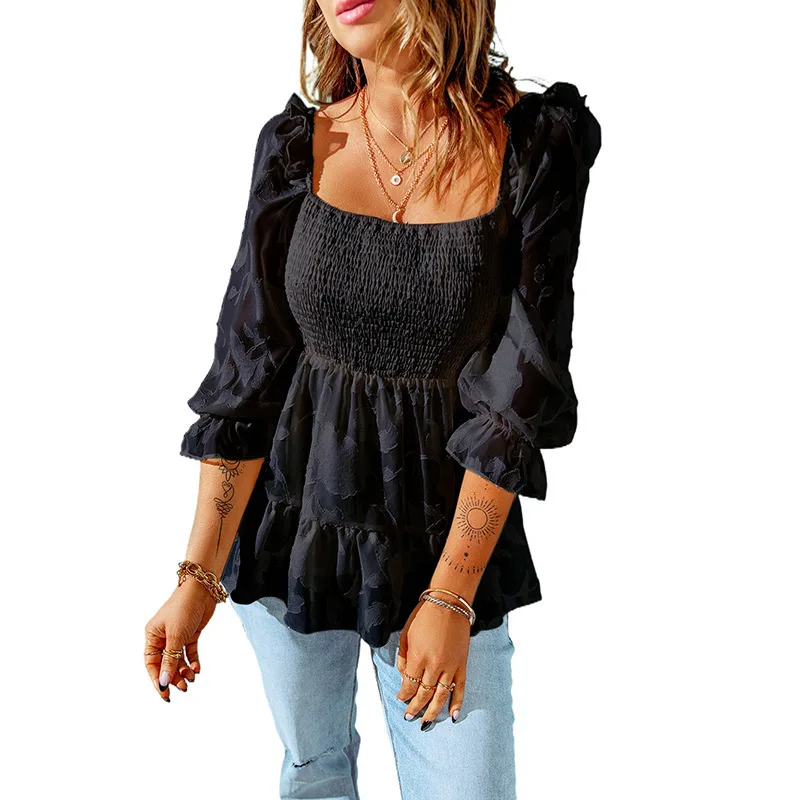 Summer Women's Tops New Solid Color Square Collar Seven-point Sleeve Chiffon Shirt Ruffle Edge of the Hundred with Tops Female 47 x 37 x 66cm square two layer coffee table display stand metal edge for living room bedroom kitchen bronze