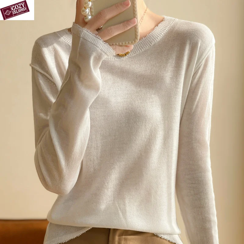 

Spring Worsted Wool Sweaters Ladies Thin Round Neck Pullovers Long Sleeve Top Autumn Tassels Slimming Sunscreen Soft Pulls Women