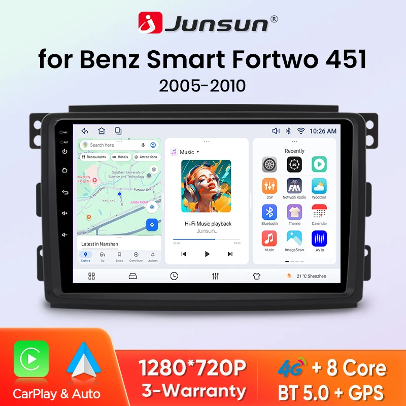 Junsun Kabelloses CarPlay Android Auto Autoradio für Benz Smart Fortwo W451 2005-2015 Multimedia GPS Navigation SWC RDS 4G Wifi Intelligente Fahrzeugsysteme