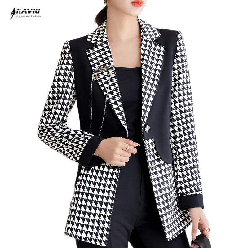

NAVIU High End Plaid Patchwork Blazer Women New Autumn Temperament Black Long Sleeve Slim Jacket Office Ladies Work Coat Tops