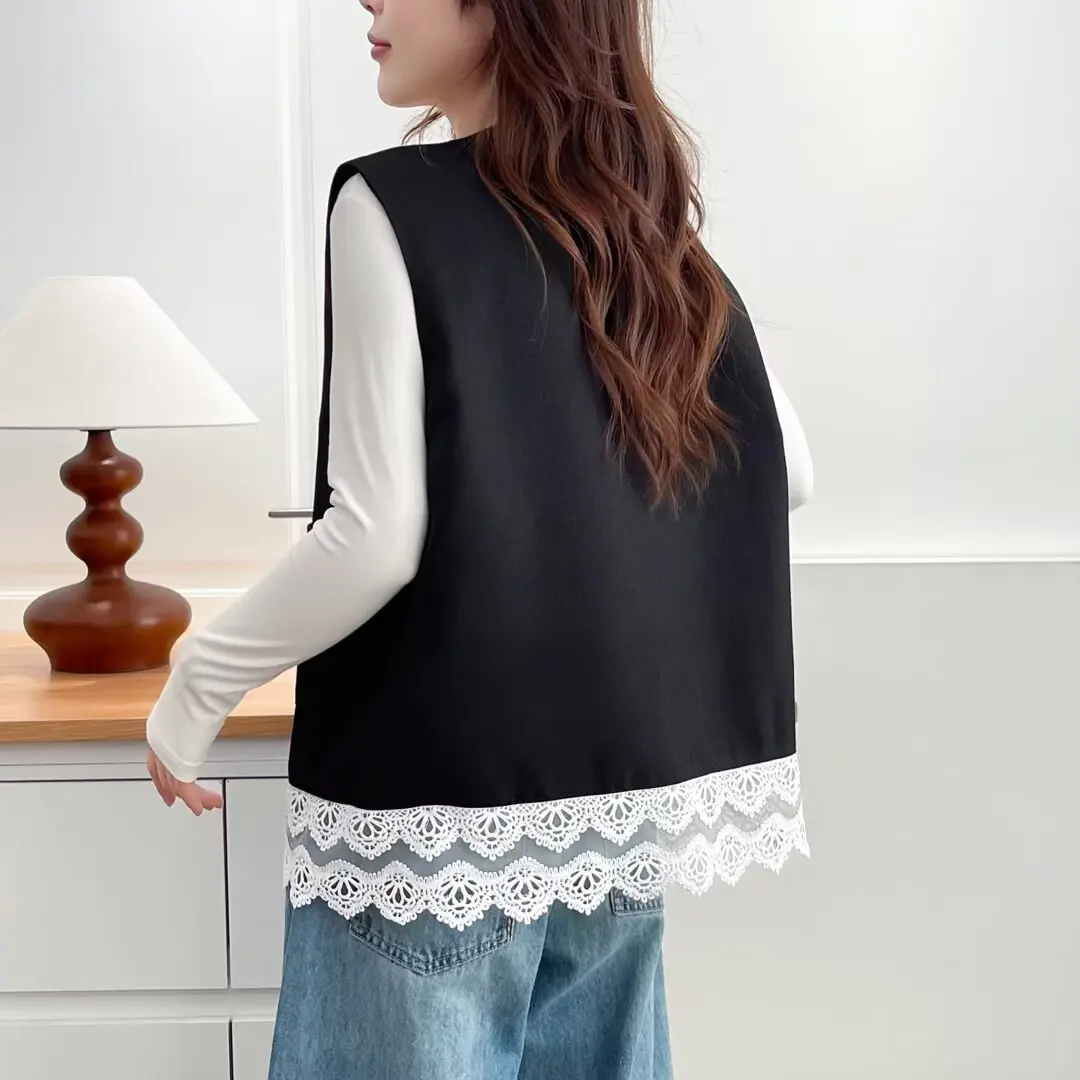 Fashion Plus Size Women's Sleeveless Vets New Autumn Black V-Neck Lace Hemmed Waistcoat 930