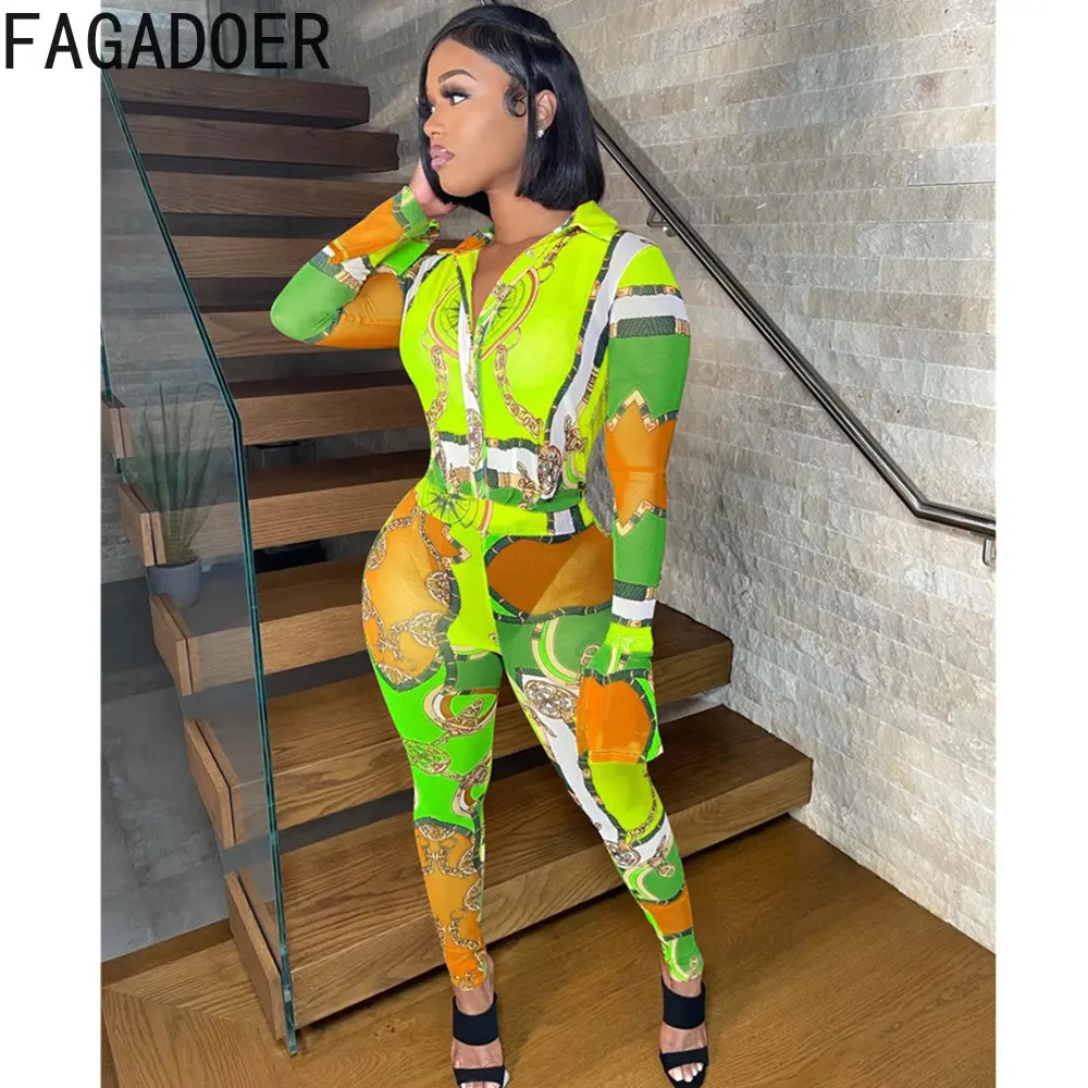 FAGADOER African Retro Print Jumpsuits Women Turndown Collar Button Long Sleeve Playsuits Sexy Slim Vintage Pattern Overall 2023