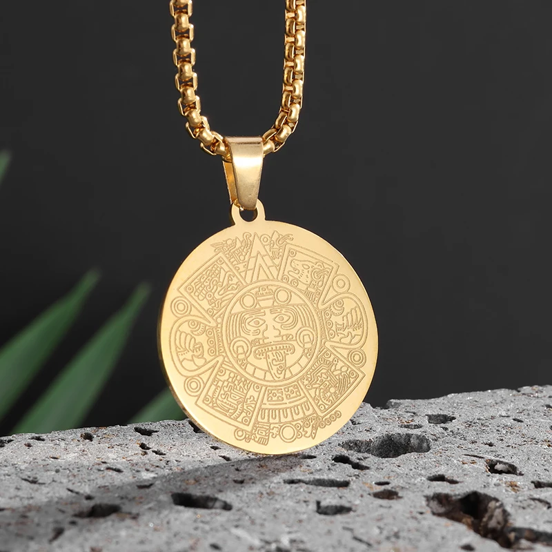 Amuleto In Acciaio Inossidabile Rotondo Totem Maya Azteco Collana Con Ciondolo Calendario Maya Per Uomo E Donna Classico Regalo Personalizzato Retrò