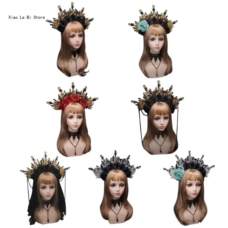 

DIY Gothic Headband Dark Headband Bridal Tiaras Flower Princess Headpiece Hair Hoop Baroque Flower Spiked Tiaras XXFD