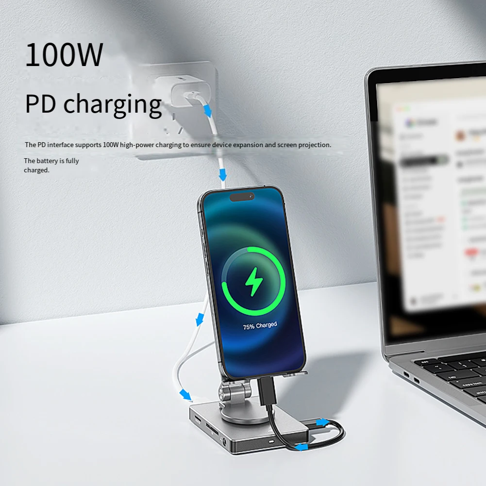 닌텐도 스위치 2 및 아이폰용 4K 60Hz 출력 USB 3.0 데이터 전송 알루미늄 회전 브래킷 도킹 스테이션
